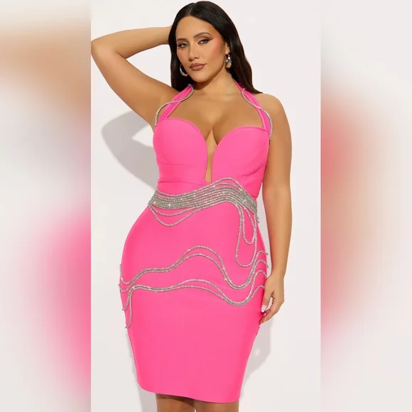 Fashion Nova Strapless Pink Dress with Silver Details - Picture 1 of 7